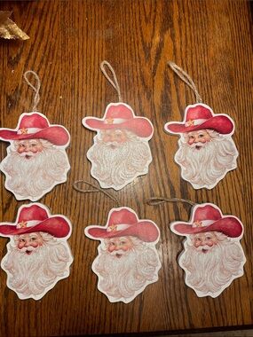 Festive Santa Face Ornaments with Red Cowboy Hats - Set of 6